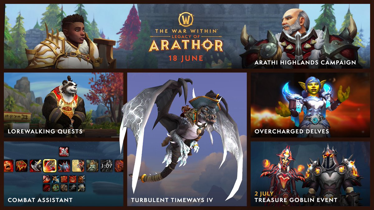 The Legacy of Arathor arrives 18 June AEST!

🏰 Arathi Highlands Campaign
✨ Overcharged Delves
⚙️ Combat Assistant UI Update
⌛ Turbulent Timeways IV
🎉 And More!