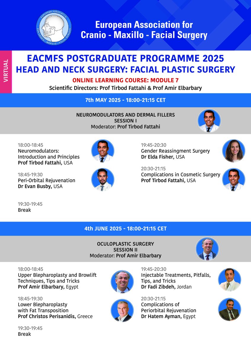 eacmfs_org (@eacmfs_org) on Twitter photo The final session of our 2024 Postgraduate Programme in Head and Neck Surgery: Facial Plastic Surgery is approaching on 4th June. We wish our delegates every success as they complete their training.
For information on upcoming programmes: lzaleczna@eacmfs.org. The final session of our 2024 Postgraduate Programme in Head and Neck Surgery: Facial Plastic Surgery is approaching on 4th June. We wish our delegates every success as they complete their training.
For information on upcoming programmes: lzaleczna@eacmfs.org.