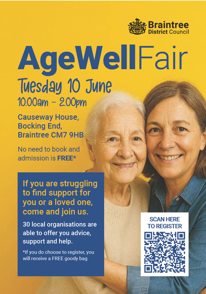 Come and say hello to the team at the Age Well Fair on Tuesday 10th June , 10am - 2pm. We will be offering advice an support to those at the event from our brilliant Information and Guidance team. We cant wait to see you there!

📍Causeway House, Bocking End, Braintree CM7 9HB