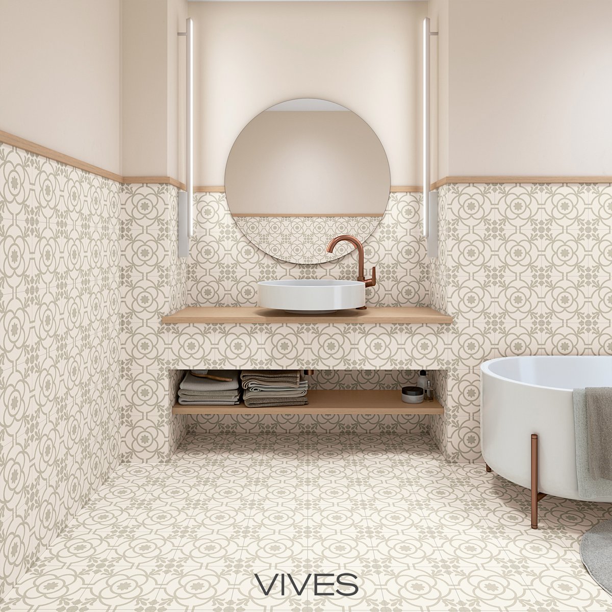 A stunning pattern for any room with Blomknopp Soft Bone 20x20cm porcelain stoneware from the Svenska collection. ow.ly/CN2L50VZVvI #vives #tileslovers #floors #walls #20x20 #patterns #homerenovation