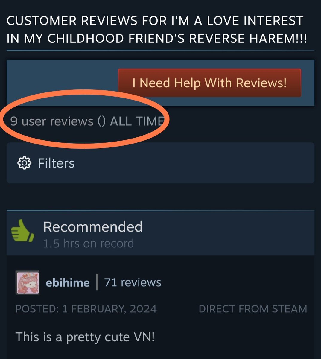 Q: What's a good way to support queer indie game devs?

A: Leave a review on their steam pages! 

#imaloveinterest is just one review away from that magical 10 to receive a rating. If you've played the game, consider leaving a review. 

store.steampowered.com/app/1365620/Im…