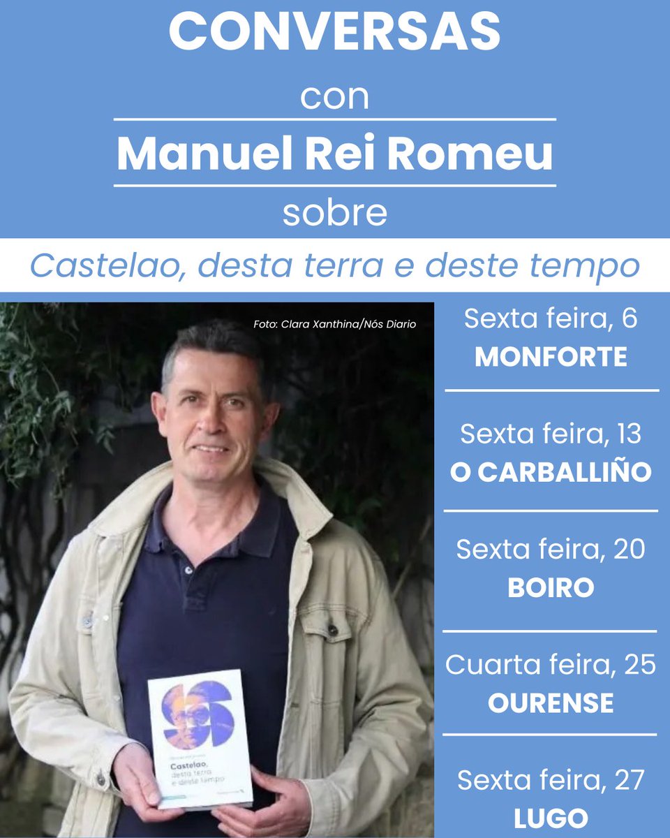 Tempo Galiza (@tempogaliza) on Twitter photo Conversas con Manuel Rei Romeu sobre ๐๐๐ฌ๐ญ๐๐ฅ๐๐จ, ๐๐๐ฌ๐ญ๐ ๐ญ๐๐ซ๐ซ๐ ๐ ๐๐๐ฌ๐ญ๐ ๐ญ๐๐ฆ๐ฉ๐จ neste mes de xuรฑo. En #MONFORTE (sexta, 6), #CARBALLIรO (sexta, 13), #BOIRO (sexta,20), #OURENSE (cuarta, 25) e #LUGO (sexta, 27) #AnoCastelao #Libros #Galiza #Galego Conversas con Manuel Rei Romeu sobre ๐๐๐ฌ๐ญ๐๐ฅ๐๐จ, ๐๐๐ฌ๐ญ๐ ๐ญ๐๐ซ๐ซ๐ ๐ ๐๐๐ฌ๐ญ๐ ๐ญ๐๐ฆ๐ฉ๐จ neste mes de xuรฑo. En #MONFORTE (sexta, 6), #CARBALLIรO (sexta, 13), #BOIRO (sexta,20), #OURENSE (cuarta, 25) e #LUGO (sexta, 27) #AnoCastelao #Libros #Galiza #Galego