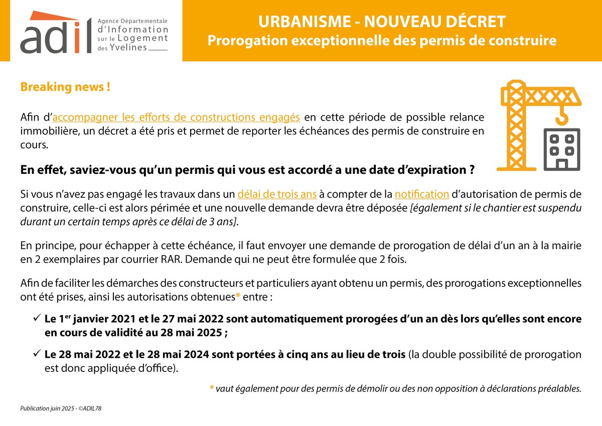 📜 Nouveau décret publié au JO du 27 mai 2025
Pour la prorogation du délai de validité des autorisations d’urbanisme délivrées entre le 01/01/21 et le 28/05/24.

Lire la note de l'ADIL sur le sujet
👉 bit.ly/3T1AWcP

🔎 Consulter le décret : bit.ly/4dK0chs