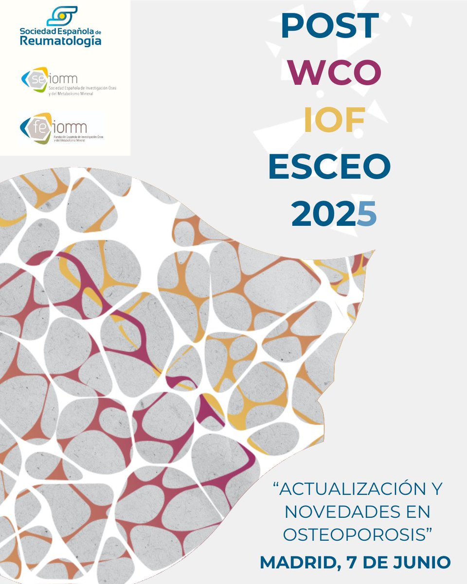 seiomm's tweet image. Jornada SER-SEIOMM “Post WCO-IOF-ESCEO. Actualización y novedades en osteoporosis”
📍Madrid | 7 de junio de 2025
👩⚕️ Dirigido a socios SER
📝 Inscripciones hasta el 7 de mayo desde el Portal del Socio
En colaboración de SEIOMM
#Osteoporosis #SEIOMM #SER #SaludÓsea
