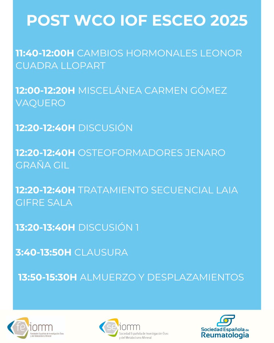 seiomm's tweet image. Jornada SER-SEIOMM “Post WCO-IOF-ESCEO. Actualización y novedades en osteoporosis”
📍Madrid | 7 de junio de 2025
👩⚕️ Dirigido a socios SER
📝 Inscripciones hasta el 7 de mayo desde el Portal del Socio
En colaboración de SEIOMM
#Osteoporosis #SEIOMM #SER #SaludÓsea