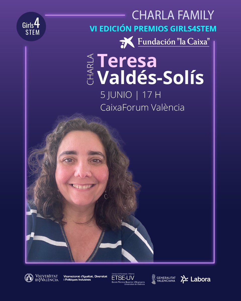 Girls4STEM (@girls4stemvlc) on Twitter photo ¡Charla Family y VI Edición Premios Girls4STEM 2025!
Nuestra madrina de este año será la Experta STEM <a href="/tvaldessolis/">Teresa Valdés-Solís</a>.
🌐Inscripción en el enlace de la bio.
📆 5 de junio,
⌚️ 17 horas,
📍<a href="/CaixaForum/">CaixaForum</a> de València ¡Charla Family y VI Edición Premios Girls4STEM 2025!
Nuestra madrina de este año será la Experta STEM <a href="/tvaldessolis/">Teresa Valdés-Solís</a>.
🌐Inscripción en el enlace de la bio.
📆 5 de junio,
⌚️ 17 horas,
📍<a href="/CaixaForum/">CaixaForum</a> de València