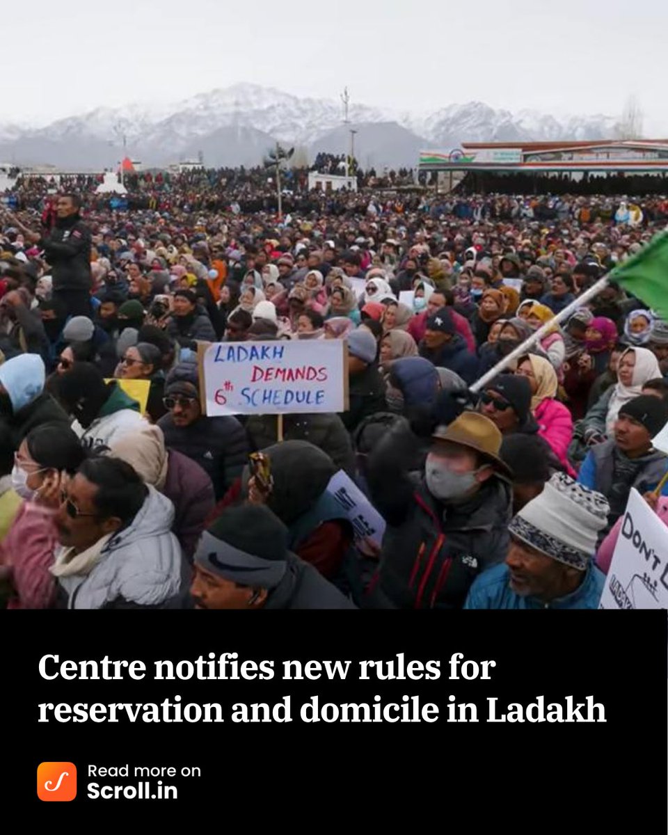 scroll_in's tweet photo. According to the Ministry of Home Affairs' notification, only those who have stayed in #Ladakh continuously for 15 years, beginning in 2019, will qualify as domiciles in the #UnionTerritory.
https://t.co/4dwkiDJ4Ps
#reservationrules #domicilepolicy https://t.co/I3Ao5E2BcQ