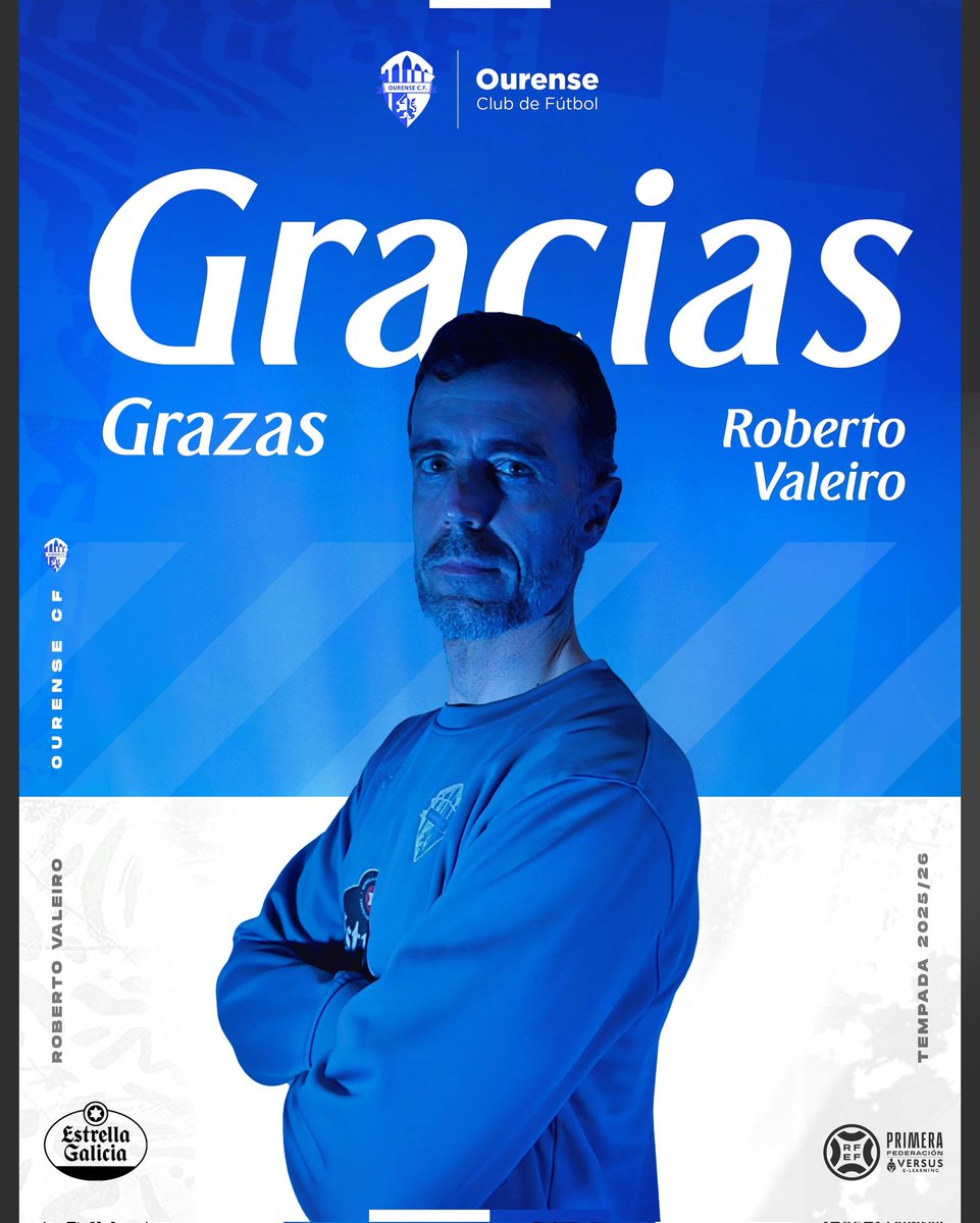 📄 Desexámoslle a mellor das sortes o noso adestrador Pablo López e a David Pérez e Roberto Valeiro do corpo técnico nos seus próximos proxectos. 
Deixan a súa pegada na historia do Ourense CF.
Grazas de 💙 🤗