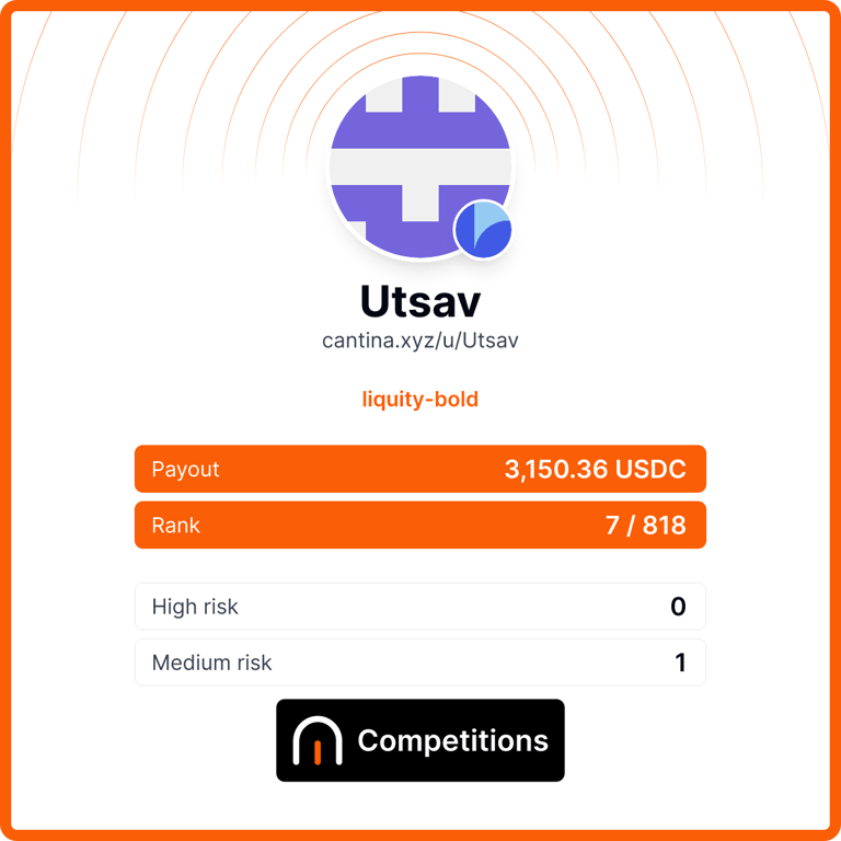 Utsav (@oxutsav) on Twitter photo My first major win on <a href="/cantinaxyz/">Cantina πͺ</a> π
A solid step forward in my journey as a Web3 Security Researcher.
More to comeπ.
Huge thanks to <a href="/PatrickAlphaC/">Patrick Collins</a> for guiding me into the world of smart contract security π.
#Web3Security #Cantina #SecurityResearcher My first major win on <a href="/cantinaxyz/">Cantina πͺ</a> π
A solid step forward in my journey as a Web3 Security Researcher.
More to comeπ.
Huge thanks to <a href="/PatrickAlphaC/">Patrick Collins</a> for guiding me into the world of smart contract security π.
#Web3Security #Cantina #SecurityResearcher