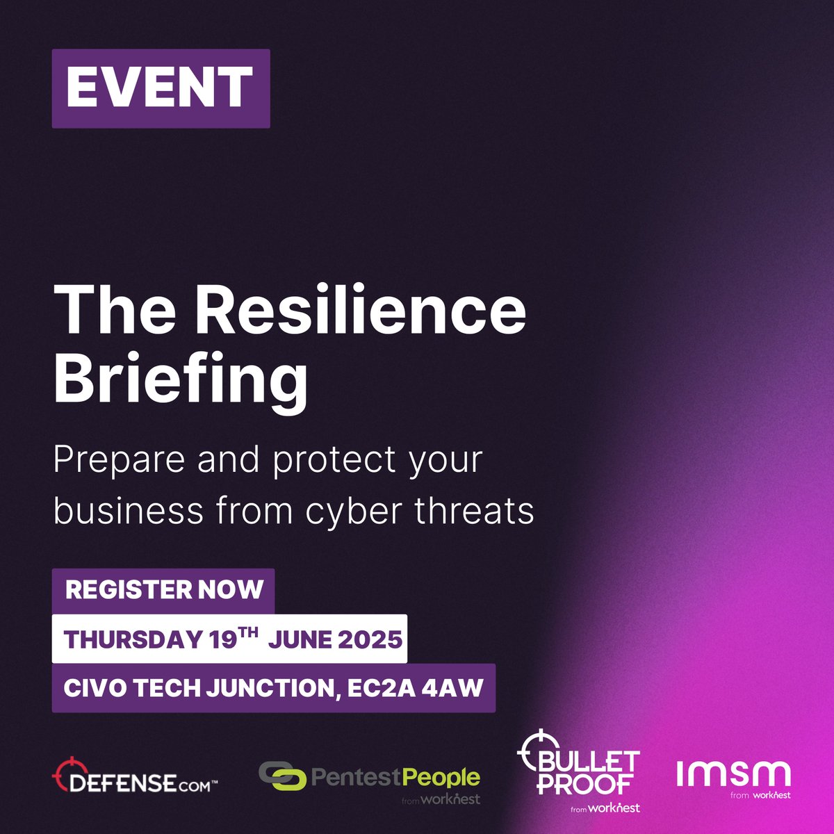 Join The Resilience Briefing — a must-attend morning seminar for organisations serious about security 🎤 Experts from <a href="/PentestPeople/">Pentest People</a> @Bulletproofsec <a href="/defensedotcom/">Defense.com™</a> &amp; IMSM (on business continuity + ISO).

Book now: hubs.ly/Q03qlxJM0
