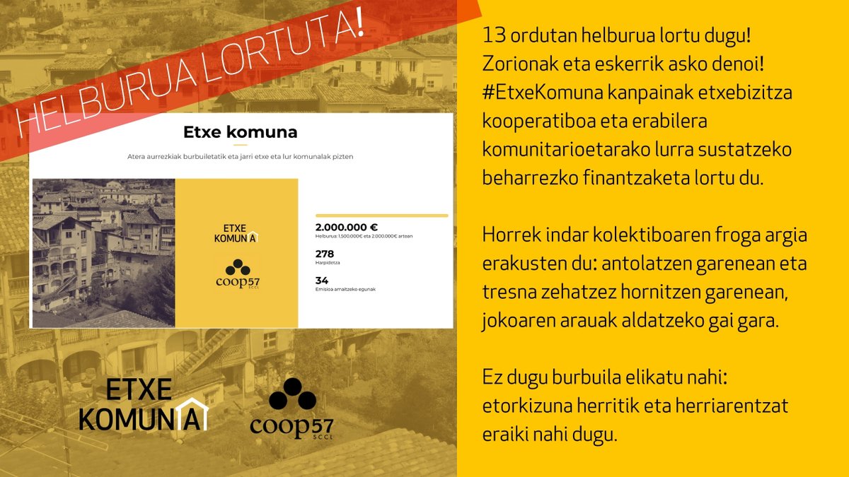 Egun on! 

✌️🏾13 ordutan helburua lortu dugu! Zorionak eta eskerrik asko denoi! #EtxeKomuna kanpainak etxebizitza kooperatiboa eta erabilera komunitarioetarako lurra sustatzeko beharrezko finantzaketa lortu du.

titols.coop57.coop/eu