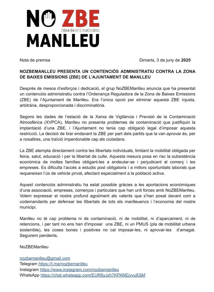 🚨 Manlleu no té contaminació, però sí una zona baixes emissions injusta.
📣 NoZBEManlleu presenta un contenciós administratiu contra una mesura arbitrària i classista que no té suport tècnic ni social.
✊ Gràcies a qui planta cara per la llibertat de tots. #NoZBE #Manlleu #ZBE