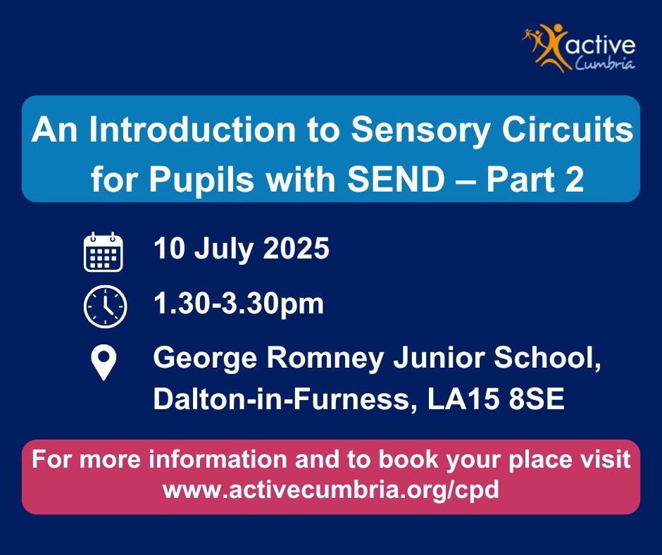 Active Cumbria (@activecumbria) on Twitter photo ADDITIONAL DATE & VENUE 🗓️ Teacher CPD | An Introduction to Sensory Circuits for Pupils with SEND - Part 2
A 3-phase CPD training programme delivered through:
1. A 1-hour virtual introductory taster session
2. An opportunity for a practical training session for your school, or a ADDITIONAL DATE & VENUE 🗓️ Teacher CPD | An Introduction to Sensory Circuits for Pupils with SEND - Part 2
A 3-phase CPD training programme delivered through:
1. A 1-hour virtual introductory taster session
2. An opportunity for a practical training session for your school, or a