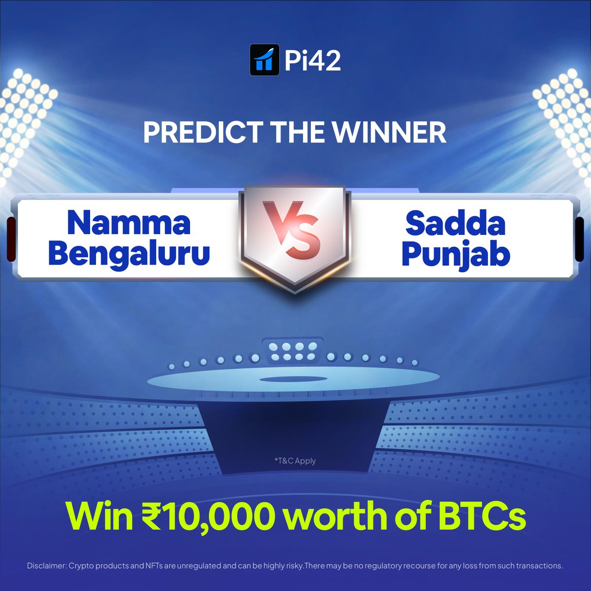🏏 Predict &amp; Win! 🏏

Who will conquer tonight — Namma Bengaluru 🙏🛺 or Sadda Punjab oyee?😍

🎁 Win ₹10,000* worth of BTCs!

✅ How to enter:

* Predict the winner in comments 

* Sign up on pi42.com and share the screenshot

* Follow us <a href="/Pi42Exchange/">Pi42</a> 

👇 for