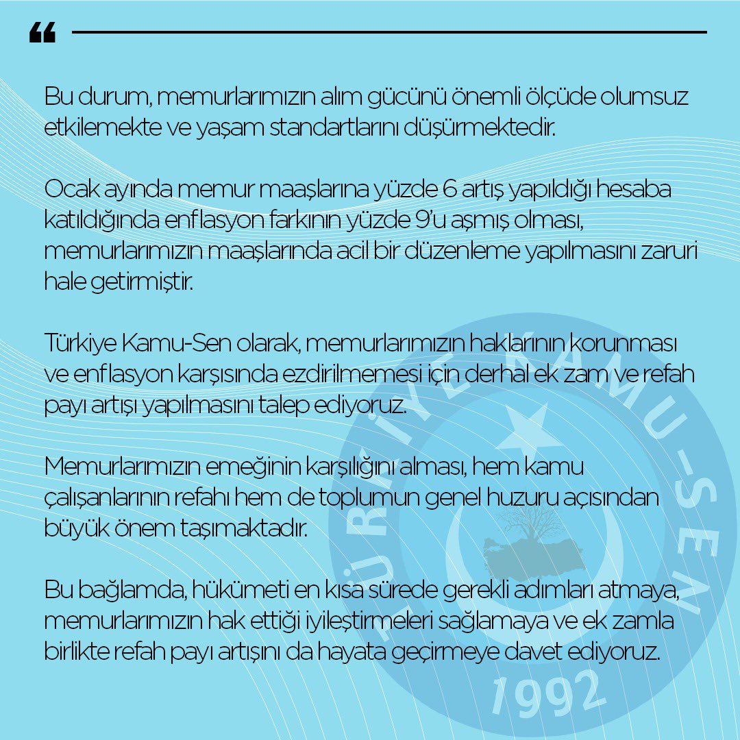 Önder Kahveci (@onderkahveci) on Twitter photo Türkiye İstatistik Kurumu’nun açıkladığı verilere göre, Mayıs ayında enflasyon yüzde 1,53 artmış ve Aralık ayından bu yana toplam enflasyon yüzde 15’i aşmıştır. 
Bu durum, memurlarımızın alım gücünü önemli ölçüde olumsuz etkilemekte ve yaşam standartlarını düşürmektedir.
Ocak Türkiye İstatistik Kurumu’nun açıkladığı verilere göre, Mayıs ayında enflasyon yüzde 1,53 artmış ve Aralık ayından bu yana toplam enflasyon yüzde 15’i aşmıştır. 
Bu durum, memurlarımızın alım gücünü önemli ölçüde olumsuz etkilemekte ve yaşam standartlarını düşürmektedir.
Ocak