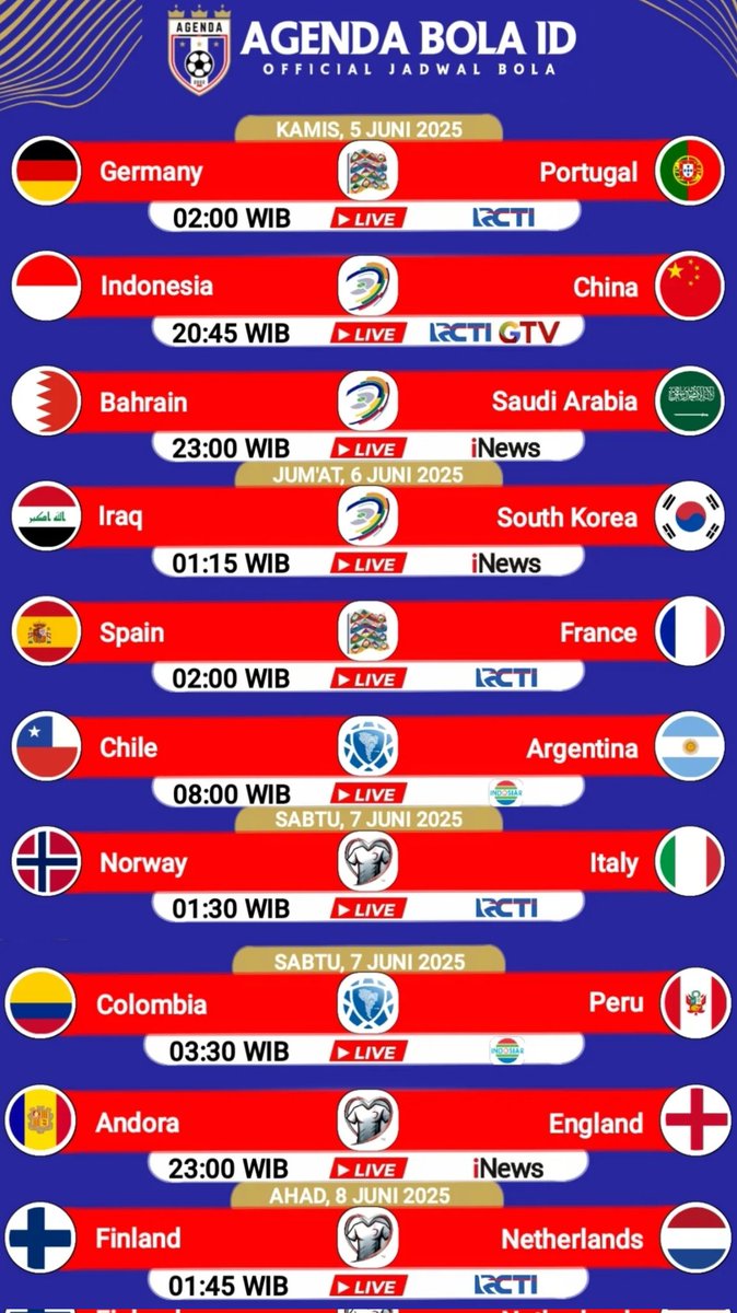 Disimpan aja dulu jadwalnya bagi yang mau begadang mulai Kamis dini hari sampe Minggu subuh, semua LIVE di TV nasional. 👍🏼⚽🥅