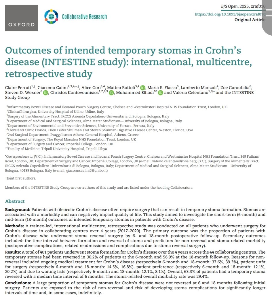 Alice Gori, MD (@alice_gori) on Twitter photo 🚨 New data on #temporarystomas in #Crohnsdisease:
🔹 Reversal @ 6mo: 30.2%
🔹 Reversal @ 18mo: 56.9%
🔹 Non-reversal: med therapy (39%), unfit (17%), patient's choice (20%)
🔹 Stoma morbidity: 29.4%
"Temporary" often isn’t.
#IBDsurgery <a href="/BjsOpen/">BJS Open</a> <a href="/GCalini/">Giacomo Calini</a> <a href="/ZGaroufalia/">ZoeGaroufalia</a> <a href="/SWexner/">Steven D Wexner MD, PhD</a> 🚨 New data on #temporarystomas in #Crohnsdisease:
🔹 Reversal @ 6mo: 30.2%
🔹 Reversal @ 18mo: 56.9%
🔹 Non-reversal: med therapy (39%), unfit (17%), patient's choice (20%)
🔹 Stoma morbidity: 29.4%
"Temporary" often isn’t.
#IBDsurgery <a href="/BjsOpen/">BJS Open</a> <a href="/GCalini/">Giacomo Calini</a> <a href="/ZGaroufalia/">ZoeGaroufalia</a> <a href="/SWexner/">Steven D Wexner MD, PhD</a>