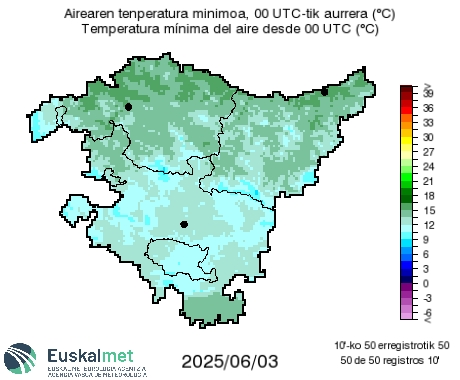 #Tmin 

🌡📉 Biharko minimoak zertxobait baxuagoak izango dira. 

🌡📉 Las mínimas de mañana serán algo más bajas.