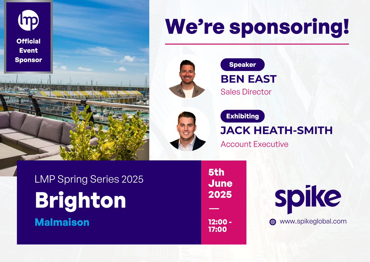 The LMP Brighton event is this Thursday! 🚨

🎤 Ben East, our Sales Director, will be joining the speaker panel, and Jack Heath-Smith, our Account Executive, will be at the Spike stand throughout the day. Come and say hi!

🎟️ Last chance to grab a ticket:
tinyurl.com/yc8cwtyb