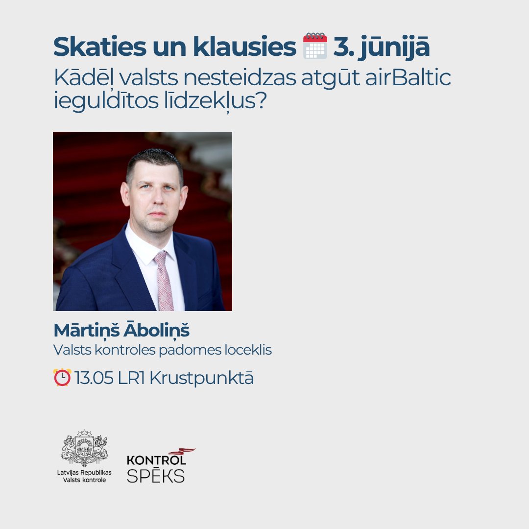 Valsts kontrole 🇱🇻 🇺🇦 (@vkontrole) on Twitter photo 🔵 Kādēļ valsts nesteidzas atgūt airBaltic ieguldītos līdzekļus? ⏰13.05 <a href="/LatvijasRadio1/">Latvijas Radio 1</a> <a href="/Krustpunkta/">Krustpunktā</a> diskusija, kurā piedalīsies arī Valsts kontroles padomes loceklis <a href="/MartinsAbolins/">Mārtiņš Āboliņš</a>.
ℹ️ Vairāk: lr1.lsm.lv/lv/raksts/krus… 🔵 Kādēļ valsts nesteidzas atgūt airBaltic ieguldītos līdzekļus? ⏰13.05 <a href="/LatvijasRadio1/">Latvijas Radio 1</a> <a href="/Krustpunkta/">Krustpunktā</a> diskusija, kurā piedalīsies arī Valsts kontroles padomes loceklis <a href="/MartinsAbolins/">Mārtiņš Āboliņš</a>.
ℹ️ Vairāk: lr1.lsm.lv/lv/raksts/krus…