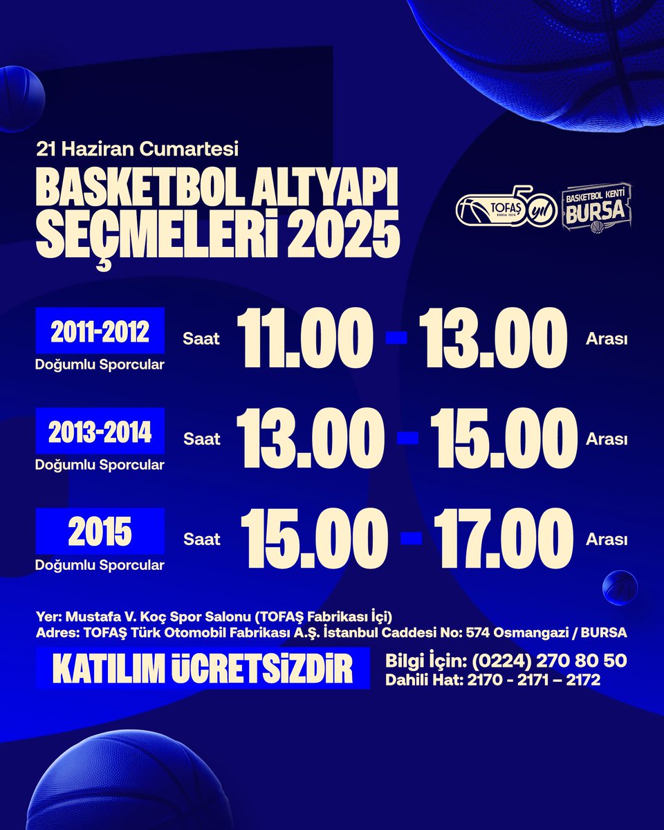 TofasSporKulubu's tweet photo. 🚨 TOFAŞ Basketbol Altyapı 2025 Seçmelerimiz 21 Haziran'da!

▪️ Mustafa V. Koç Spor Salonu'nda gerçekleştirilecek yeni sezon basketbol altyapı seçmelerimize 2011 - 2015 arası doğumlu sporcular katılabilecek #TofaşAltyapı 🏀

🔗👉 https://t.co/73LxL8aZ60 https://t.co/pwUvYb7BLR