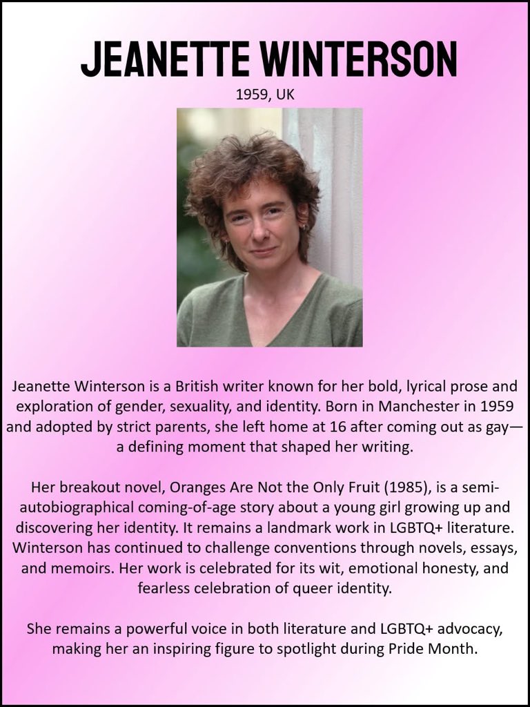 In honour of Pride Month, this month's Literary Hero is Jeanette Winterson, a powerful voice in both literature and LGBTQ+ advocacy​ 📚😍 #LiteraryHero #GetIntoReading #AllGodsChildren #WeAreBDAT