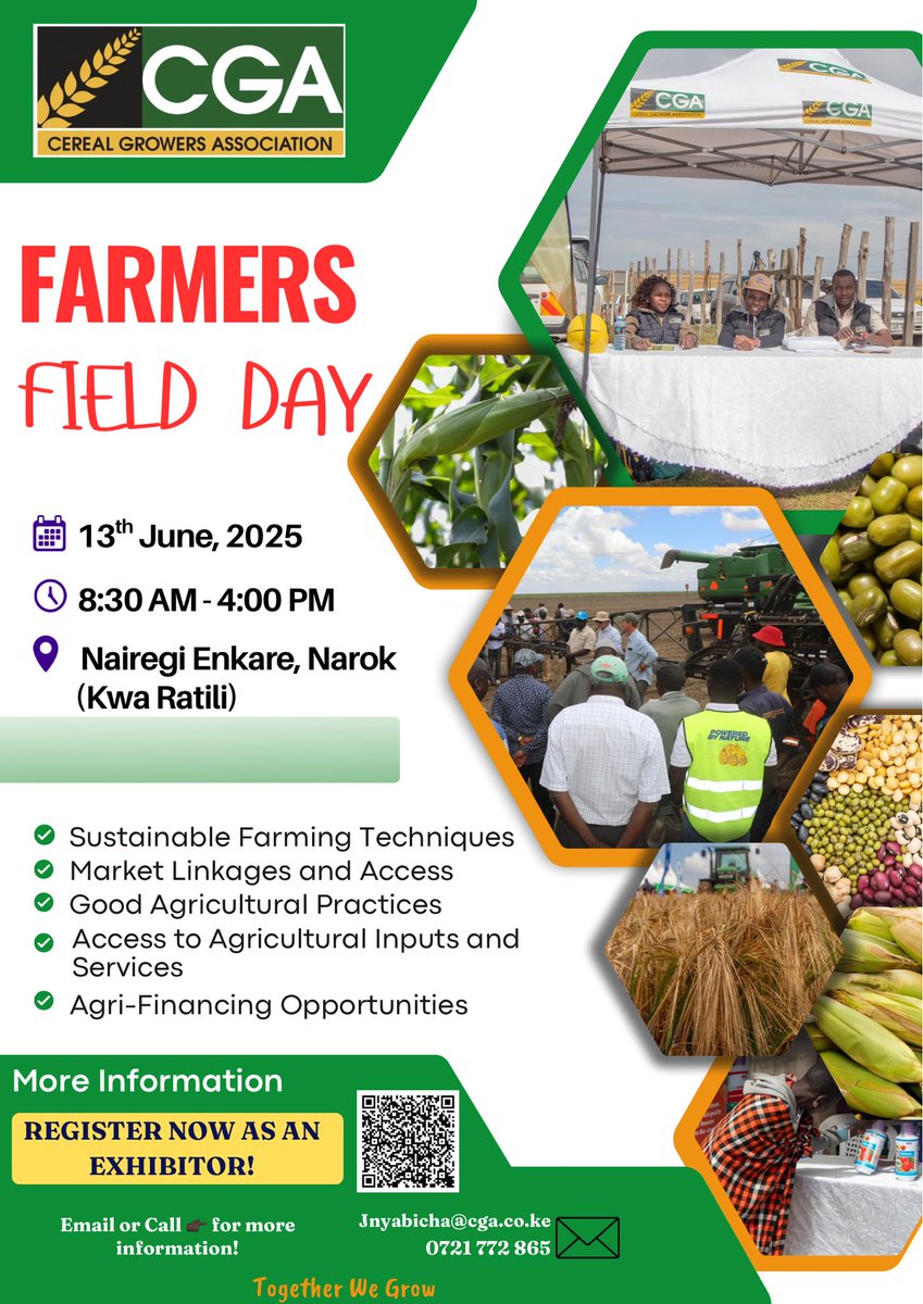 Are you a farmer, agribusiness, offtaker, innovator, financial service provider, or play any role in the agricultural value chain?

Cereal Growers Association invites YOU to the
LARGE FARMERS’ FIELD DAY!

📍 Nairegi Enkare, Narok
🗓️ 13th June 2025
⏰ 8:30 AM – 4:00 PM

🎟️ Free