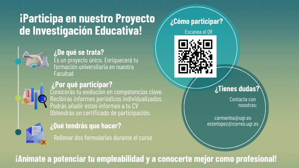 Participa  en un proyecto de investigación educativa sobre el seguimiento del  desarrollo de competencias clave demandadas en el mercado laboral,  dirigido a los y las estudiantes de la <a href="/FcceeUgr/">FCCEE UGR</a>  
Si  estás interesado/a en participar, debes acceder a este  a través del Qr