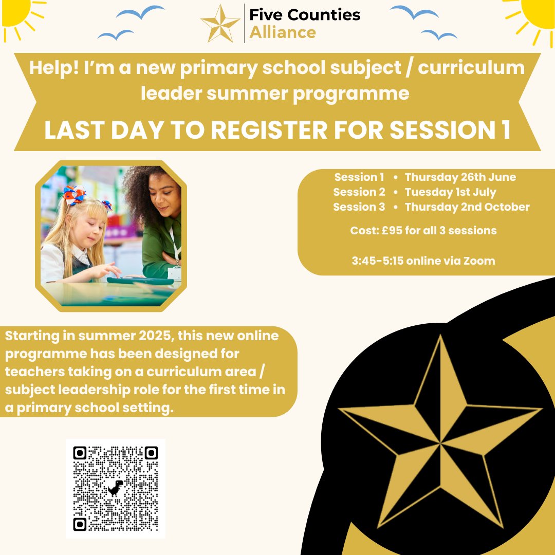 ⭐️LAST CHANCE TO REGISTER FOR SESSION 1⭐️

Starting in summer 2025, this new online programme has been designed for teachers taking on a curriculum area / subject leadership role for the first time in a primary school setting.

 #fivecounties #CPD