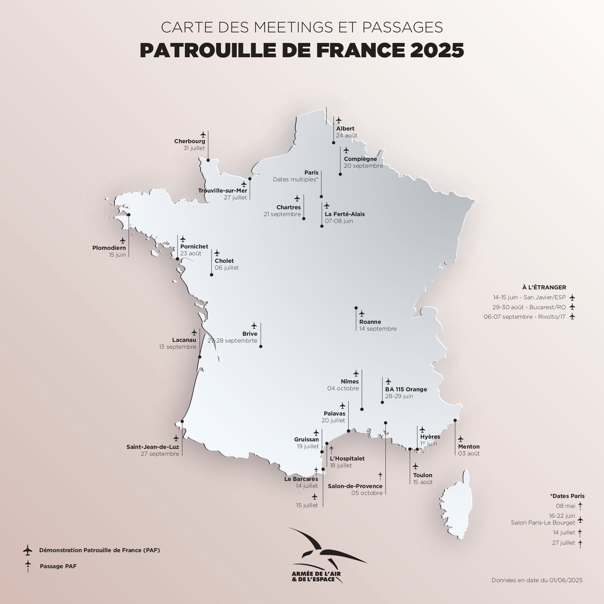 Patrouille de France (@pafofficiel) on Twitter photo 📅 Le calendrier officiel est là !
📍 Où viendrons-nous voler près de chez vous ?
La Patrouille de France vous donne rendez-vous aux quatre coins du pays, et au-delà, pour une saison 2025 haute en couleurs 🇨🇵
<a href="/Armee_de_lair/">Armée de l'Air et de l'Espace</a>
<a href="/Armees_Gouv/">Ministère des Armées</a> 📅 Le calendrier officiel est là !
📍 Où viendrons-nous voler près de chez vous ?
La Patrouille de France vous donne rendez-vous aux quatre coins du pays, et au-delà, pour une saison 2025 haute en couleurs 🇨🇵
<a href="/Armee_de_lair/">Armée de l'Air et de l'Espace</a>
<a href="/Armees_Gouv/">Ministère des Armées</a>