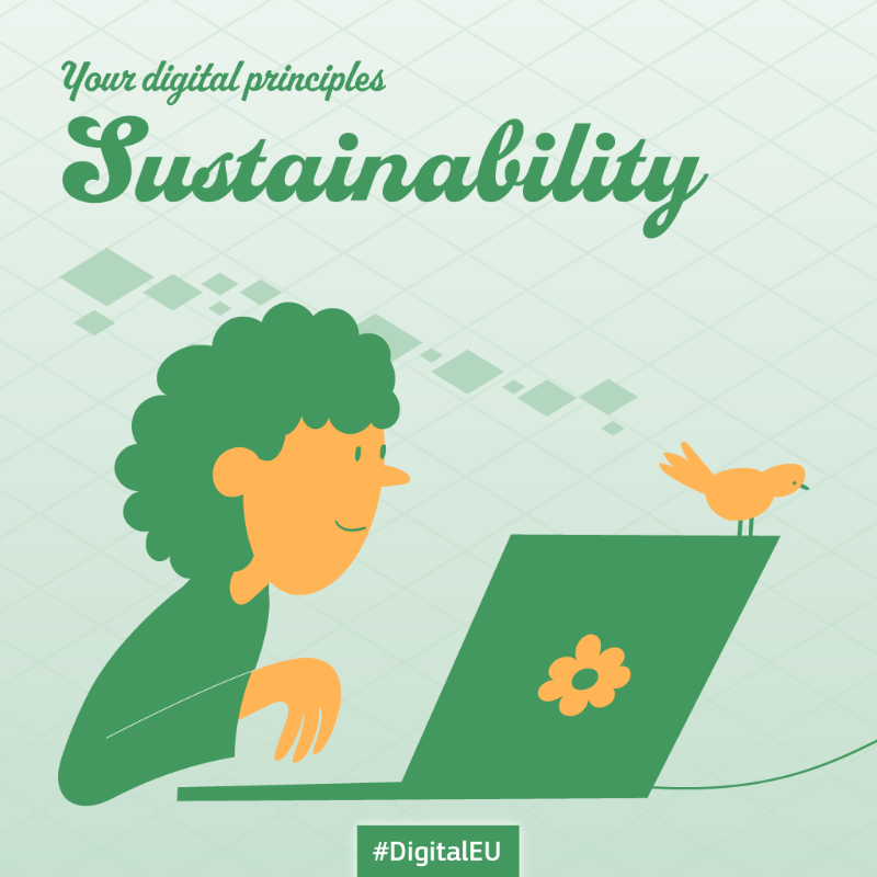 DigitalEU's tweet photo. 🌿🤖 Green digitalisation for a sustainable future.

Digital products and services should be designed, produced &amp; disposed of in a sustainable way.
 
Learn how the EU supports digital technologies with minimal environmental &amp; social impact ↓
 
#DigitalPrinciples