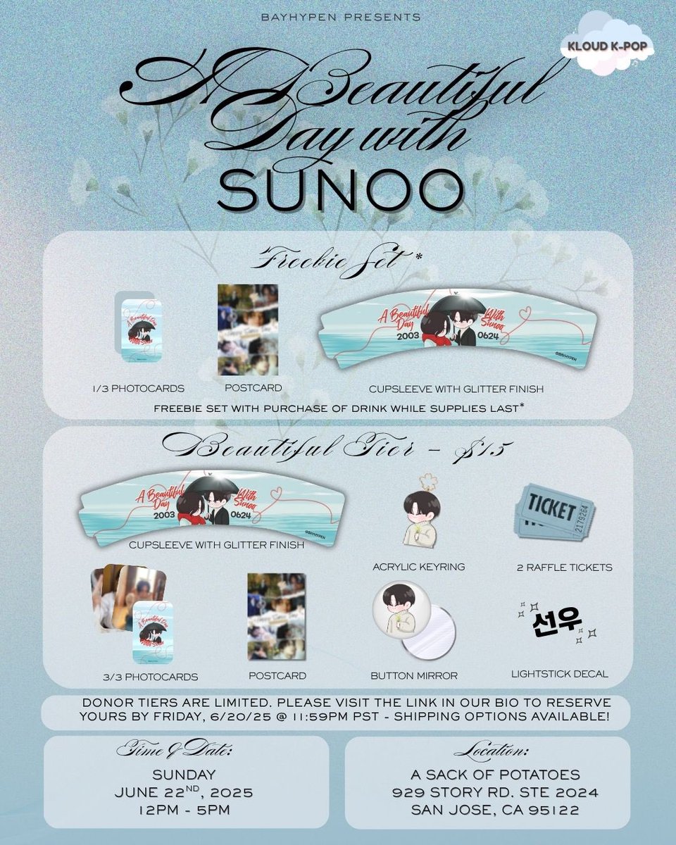 ‘A Beautiful Day with Sunoo’ 🗡️
a sunoo cse + trade event 

Reserve a tier - forms.gle/iVaMsKoiYrn13z…
Shipping options available 📤 
🇺🇸USA ONLY

🗓️June 22nd, 2025 (12-5pm)
📍a sack of potatoes 

artwork by <a href="/coocomint/">° ♡ ᴍɪɴᴛ ♡ °</a> 

#ENHYPEN #ENHYPEN_SUNOO #SUNOO #선우 #ABeautifulDayWithSunoo