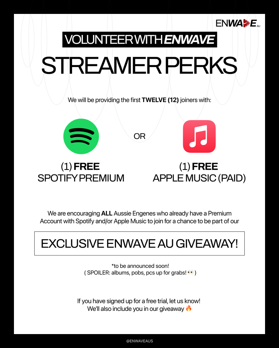 enwaveaus's tweet photo. 🇦🇺 Aussie ENGENEs, it’s go time! 
Stream hard, win big — exclusive giveaway waiting just for you. 👀🎉

Recruitment form via the link in our bio!

JOIN JOIN JOIN 🔥

#ENHYPEN #엔하이픈 #ENGENE #ENHYPENAU #ENWAVEAUS #StreamTeamAU #DESIRE_UNLEASH #BadDesire #WithorWithoutYou https://t.co/6EIdgqUE1Q