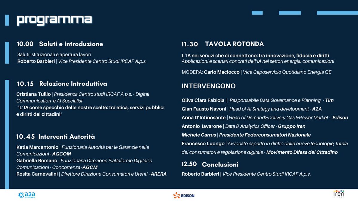 📅 Mercoledì 4 giugno partecipo al convegno “#IA e servizi ai cittadini” organizzato dal Centro Studi IRCAF.
🧠 Diritti digitali, governance algoritmica, #ItalianBrainrot: serve consapevolezza! 
🔴 Live ore 10:00 sul canale  YouTube: bit.ly/3RJd9i9 #AIethics #digitale