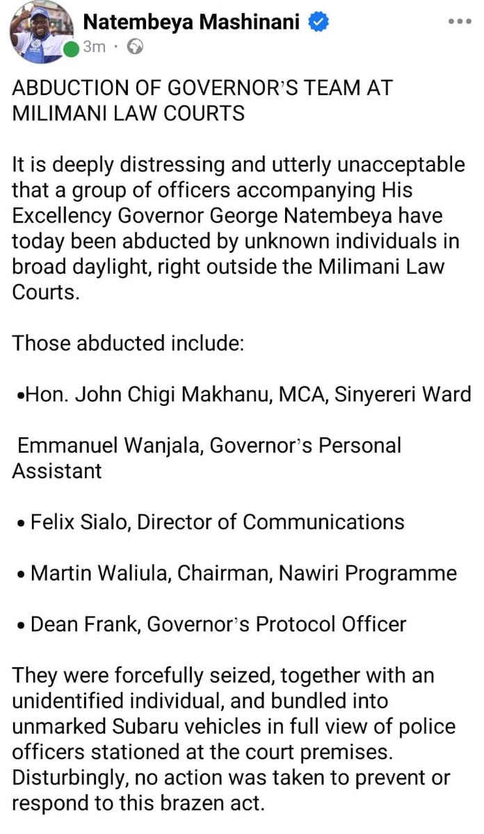 Officers associated with Transnzoia Governor George Natembeya have been forcefully abducted outside Milimani Law Courts. What kind of nation is this? STOP ABDUCTIONS!