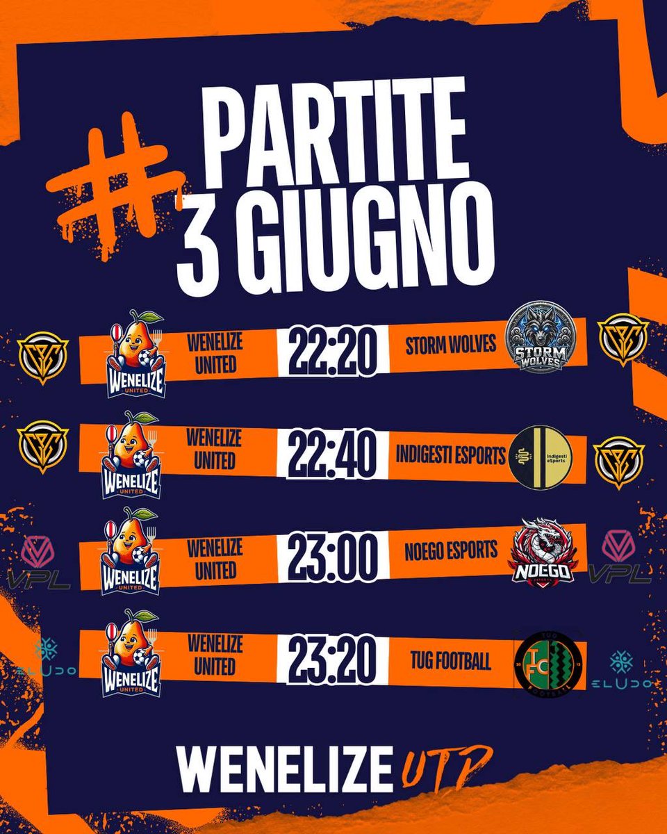 Wenelize United (@wenelizeunited) on Twitter photo โฝ๏ธ MATCH DAY โฝ๏ธ
๐ <a href="/CPGitaly/">CPGitaly</a> | Summer League
๐ <a href="/Storm_Wolves_/">|| Storm Wolves ๐บ๐ค๐</a>
๐ <a href="/CPGitaly/">CPGitaly</a> | Summer League
๐ <a href="/Indigestiesport/">Indigesti eSports</a>
๐ <a href="/VPLItaly/">VPL Italy ๐ฎ๐น</a> | Playoff
๐ <a href="/noegoesportsXI/">Noego Esports</a>
๐ <a href="/eLUDO_official/">eLUDO</a> | Playoff
๐ Tug Football
๐คDirettamente dai campetti di Roma: Er Pupone!
๐๏ธ โIo nun corro, penso.โ โฝ๏ธ MATCH DAY โฝ๏ธ
๐ <a href="/CPGitaly/">CPGitaly</a> | Summer League
๐ <a href="/Storm_Wolves_/">|| Storm Wolves ๐บ๐ค๐</a>
๐ <a href="/CPGitaly/">CPGitaly</a> | Summer League
๐ <a href="/Indigestiesport/">Indigesti eSports</a>
๐ <a href="/VPLItaly/">VPL Italy ๐ฎ๐น</a> | Playoff
๐ <a href="/noegoesportsXI/">Noego Esports</a>
๐ <a href="/eLUDO_official/">eLUDO</a> | Playoff
๐ Tug Football
๐คDirettamente dai campetti di Roma: Er Pupone!
๐๏ธ โIo nun corro, penso.โ