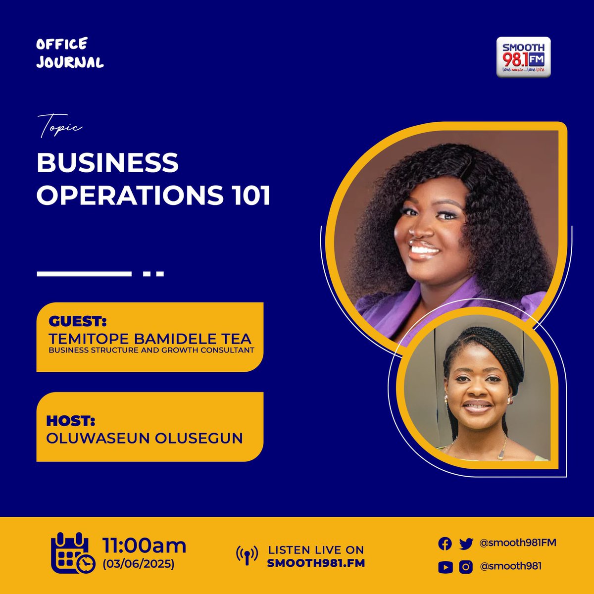 Smooth98.1FM (@smooth981fm) on Twitter photo Business Owners, get in here. ✍🏾
Tune in at 11:00am for #OfficeJournal981, as we break down Business Operations 101 with <a href="/oluwaseun_ro/">Oluwaseun R. Olusegun</a> and special guest, Temitope Bamidele Tea.
📻- Smooth981 FM
Or listen live - smoothlive.smooth981.fm:8000/smoothlivefm128
❤️💙🤍
#Smooth981 #Live #Radio #Business Business Owners, get in here. ✍🏾
Tune in at 11:00am for #OfficeJournal981, as we break down Business Operations 101 with <a href="/oluwaseun_ro/">Oluwaseun R. Olusegun</a> and special guest, Temitope Bamidele Tea.
📻- Smooth981 FM
Or listen live - smoothlive.smooth981.fm:8000/smoothlivefm128
❤️💙🤍
#Smooth981 #Live #Radio #Business