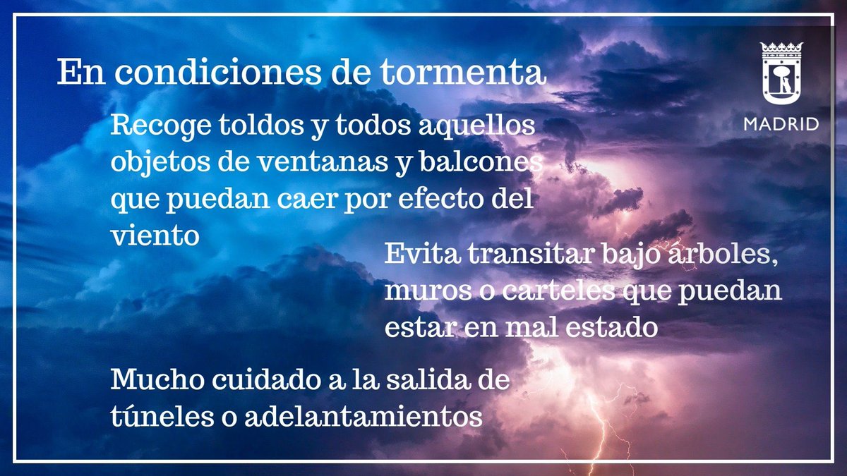 Emergencias Madrid (@emergenciasmad) on Twitter photo 🟡 Este martes aviso amarillo de <a href="/AEMET_Madrid/">AEMET_Madrid</a> por #tormentas en la ciudad de #Madrid.
🕒 Desde las 14h hasta las 21h.
⚠️ Pueden llevar asociadas rachas de #viento muy fuertes y #granizo. 🟡 Este martes aviso amarillo de <a href="/AEMET_Madrid/">AEMET_Madrid</a> por #tormentas en la ciudad de #Madrid.
🕒 Desde las 14h hasta las 21h.
⚠️ Pueden llevar asociadas rachas de #viento muy fuertes y #granizo.