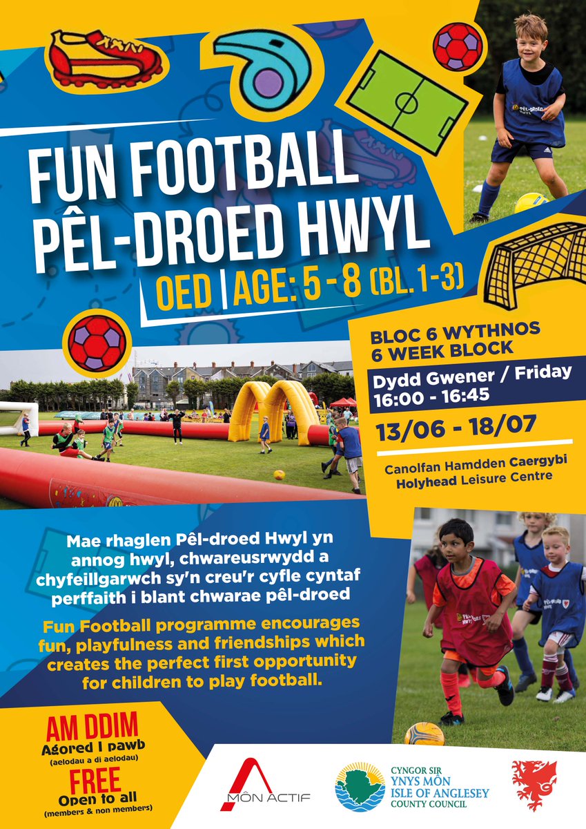 MonActif (@mon_actif) on Twitter photo 📣 Pel-Droed Hwyl / Fun Football
📍 Canolfan Hamdden Plas Arthur / Plas Arthur Leisure Centre
Cofrestru / Register:
💻 play.faw.cymru/Book/1f8a5799-…
📍 Canolfan Hamdden Caergybi / Holyhead Leisure Centre
Cofrestru / Register:
💻 play.faw.cymru/Book/52f1d8bc-…
<a href="/cyngormon/">Cyngor Sir Ynys Môn</a> <a href="/angleseycouncil/">Isle of Anglesey County Council</a> 📣 Pel-Droed Hwyl / Fun Football
📍 Canolfan Hamdden Plas Arthur / Plas Arthur Leisure Centre
Cofrestru / Register:
💻 play.faw.cymru/Book/1f8a5799-…
📍 Canolfan Hamdden Caergybi / Holyhead Leisure Centre
Cofrestru / Register:
💻 play.faw.cymru/Book/52f1d8bc-…
<a href="/cyngormon/">Cyngor Sir Ynys Môn</a> <a href="/angleseycouncil/">Isle of Anglesey County Council</a>