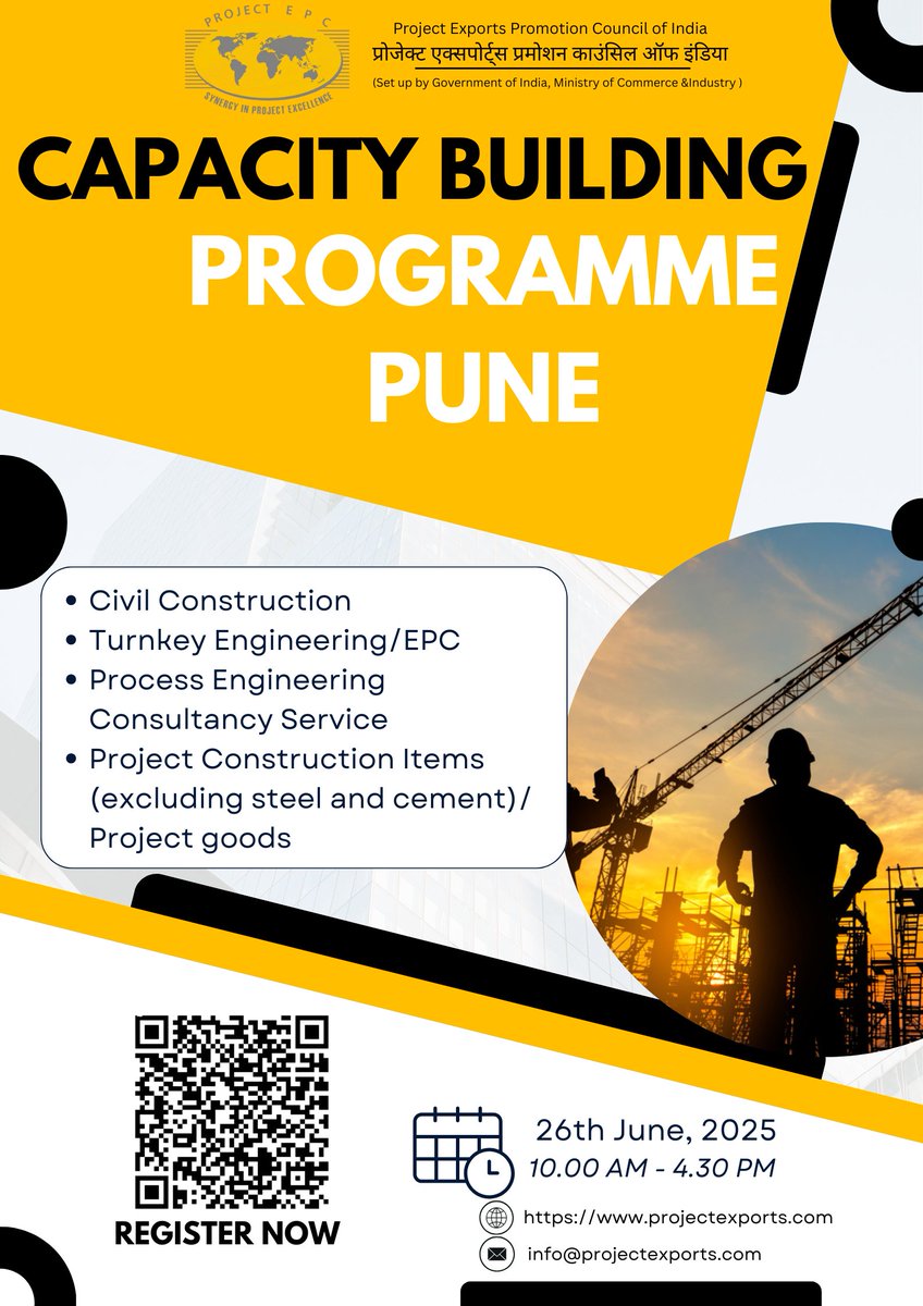 Project_EPC's tweet image. From India’s heartland to global skylines, Indian firms are redefining infrastructure! 🏗️   

Join PEPC’s Capacity Building Programme in Pune on June 26 to boost your global project game. 📷 

lnkd.in/gfEhhbFX 

#Infrastructure #IndiaExports #GlobalProjects