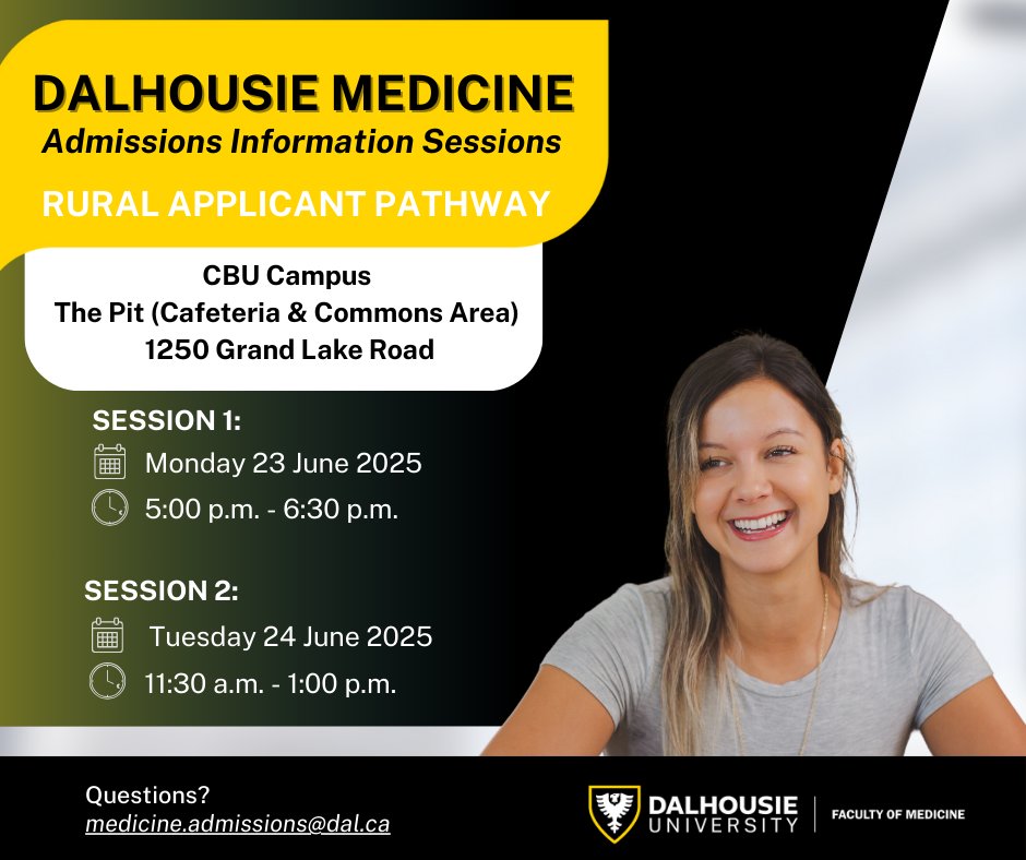 Interested in applying to med school at our Cape Breton Campus?

Join Dalhousie Medicine Admissions for an info session at CBU!
📍 The Pit, CBU Campus – 1250 Grand Lake Rd
🗓️ Mon, June 23 | 5–6:30pm
🗓️ Tues, June 24 | 11:30am–1pm
#DalMed #FutureMD #RuralHealth