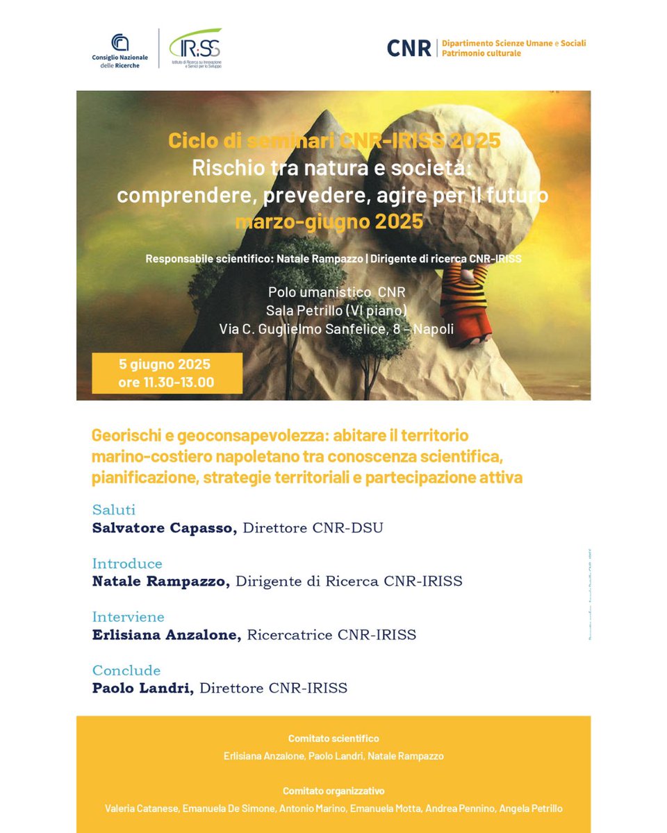 📌 Cosa si intende per geoconsapevolezza?
Come sviluppare una comprensione collettiva dei rischi ambientali nelle aree marino-costiere e trasformarla in azioni sostenibili?
📅 Ne parliamo il 5 giugno, h 11:30–13:00, al Polo Umanistico CNR di Napoli.👇
🔗 cnr.it/it/evento/19923