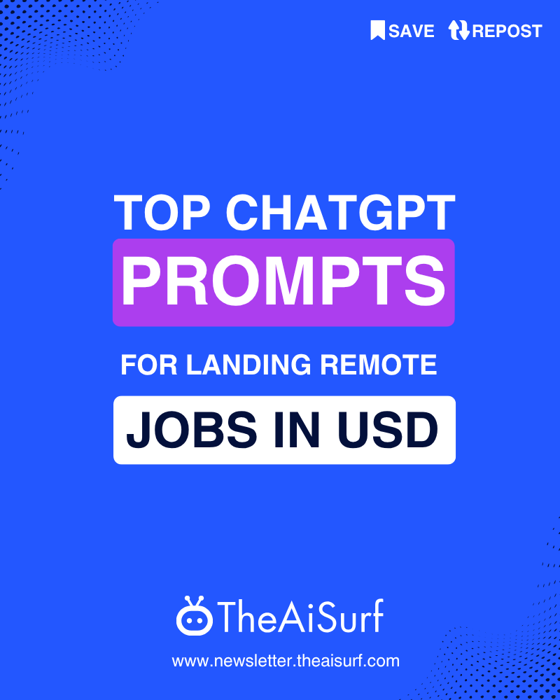 theAiSurf's tweet photo. Dreaming of a remote job that pays in USD?
Use these 9 ChatGPT prompts to get hired faster 💼🌍
👉 Read full post: https://t.co/KqqA6sPZSj https://t.co/M7Focr60ur