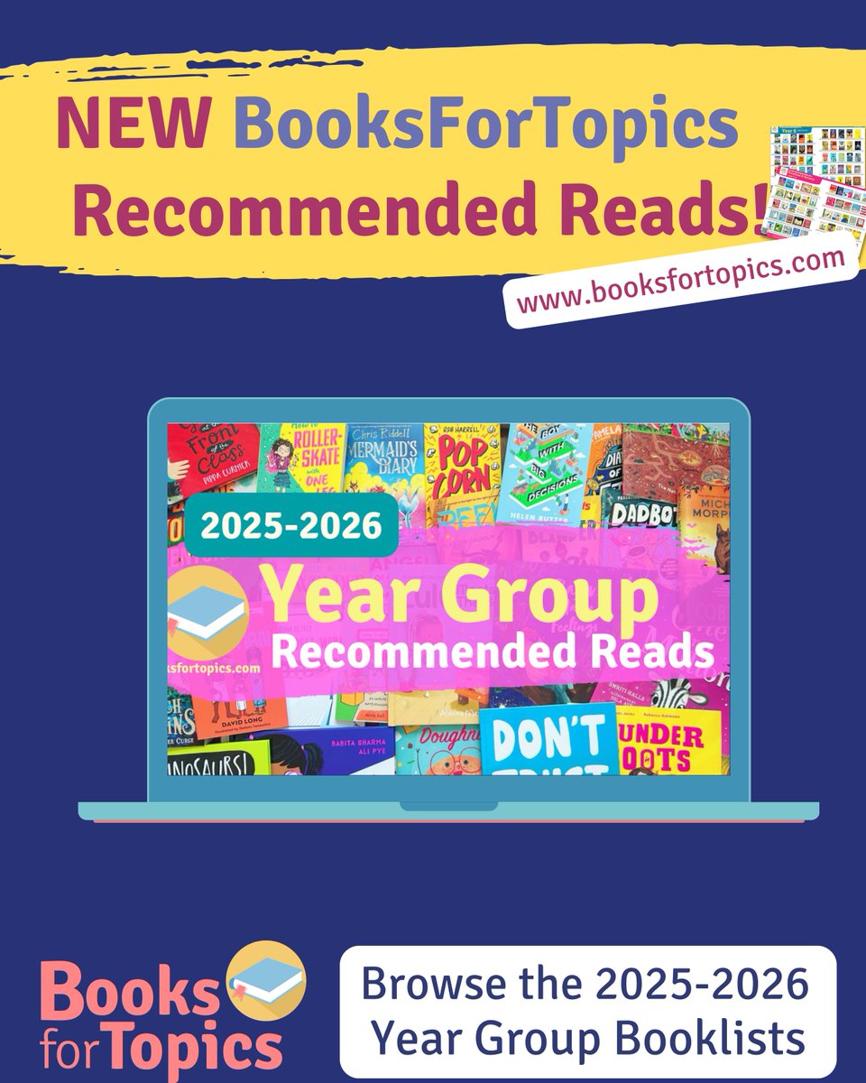🥳 The 2025-2026 YEAR GROUP Recommended Read lists have launched today!

Browse the new lists here: ➡️➡️booksfortopics.com/booklists/reco…

🎉 New selections of 50 recommended books for each primary year group
🎉 Updated printable posters &amp; checklists
🎉 New authors and illustrators added