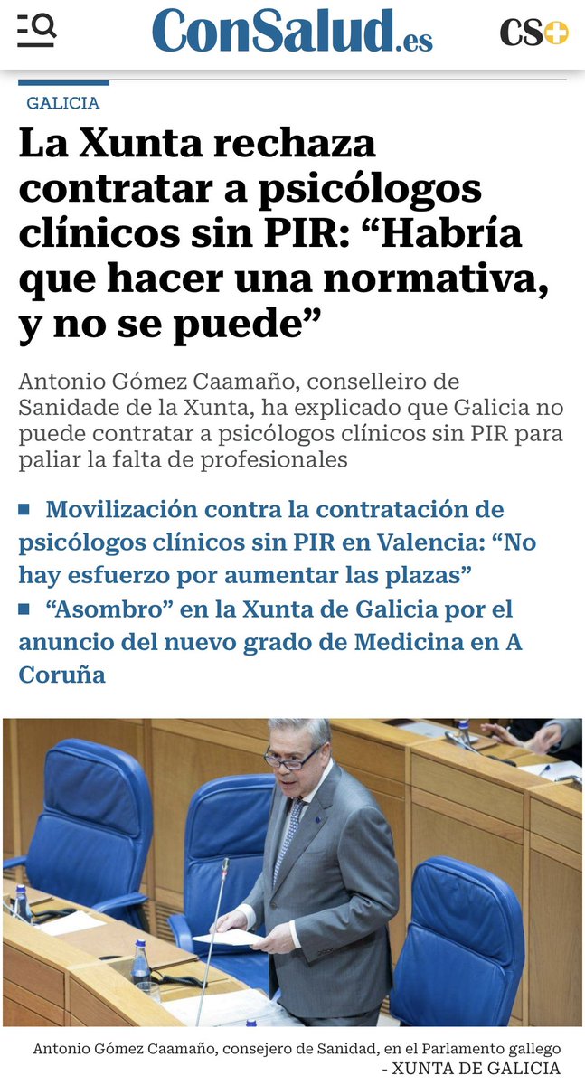 SVPC_AVAPIR (@avapiranpir) on Twitter photo Lo dice el consejero de Sanidad de la Xunta de Galicia (PP): ¡La contratación de psicólogos no especialistas (sin el PIR) en la sanidad pública es ILEGAL! Con la normativa actual no se puede.
Y todavía hay quien no se quiere enterar…
Vía <a href="/ConSalud_es/">ConSalud.es</a>
goo.su/vGpY Lo dice el consejero de Sanidad de la Xunta de Galicia (PP): ¡La contratación de psicólogos no especialistas (sin el PIR) en la sanidad pública es ILEGAL! Con la normativa actual no se puede.
Y todavía hay quien no se quiere enterar…
Vía <a href="/ConSalud_es/">ConSalud.es</a>
goo.su/vGpY