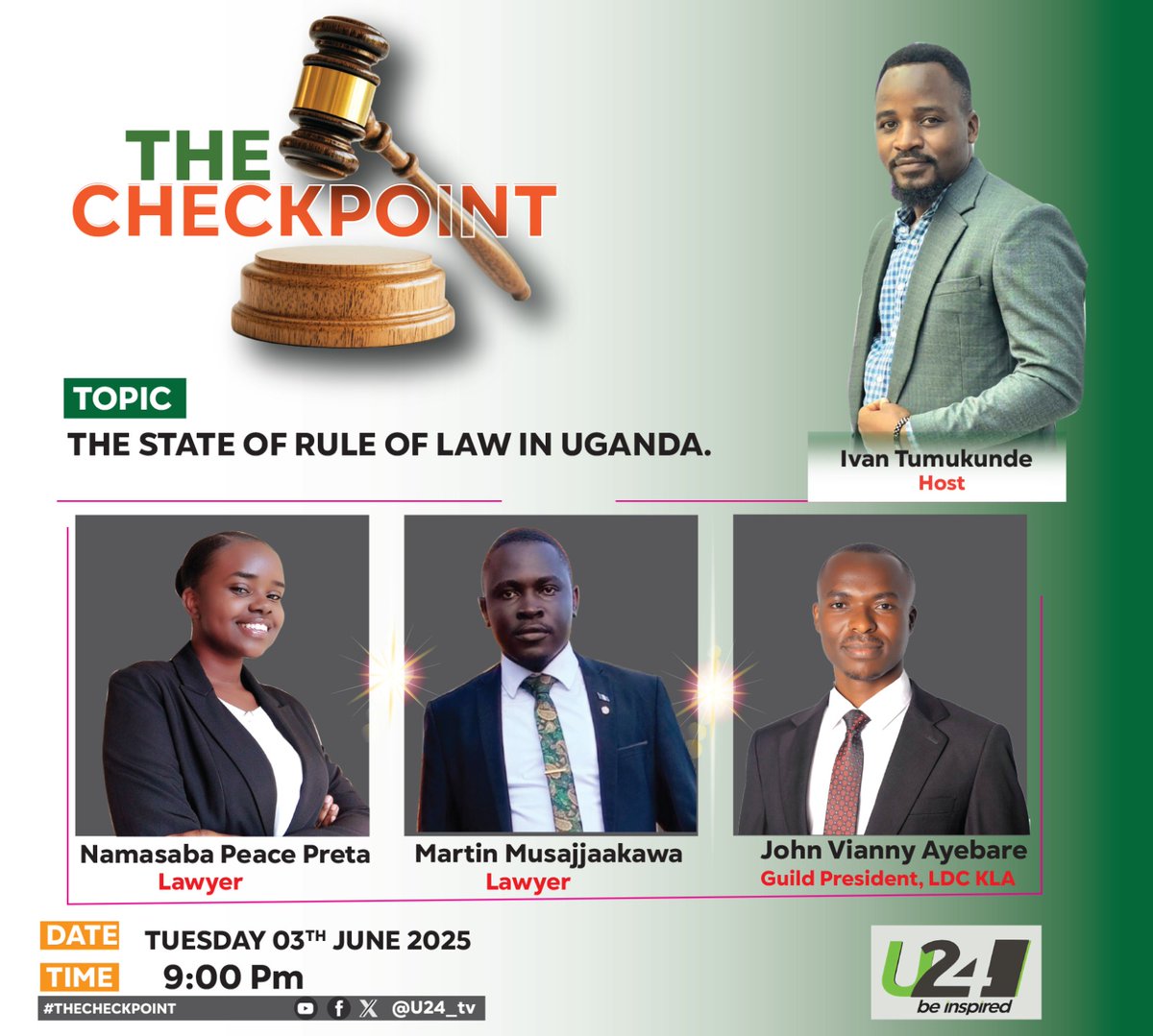 LDC Students Fraternity (@ldcstudentsug) on Twitter photo We have a team led by the LDC Guild President @ Kampala <a href="/john_vianny/">John Vianny Ayebare.</a> appearing on UBC's <a href="/ubctvuganda/">UBC UGANDA</a> U24TV from 9pm-10pm.
The team will discuss THE STATE OF RULE OF LAW IN UGANDA
The competent team also has:
<a href="/PretaP_Namasaba/">PRETA</a>, and
<a href="/MartinMusajjaa1/">Martin Musajjaakawa</a>
#TheCheckpoint
<a href="/u24tvug/">U24 TELEVISION</a> We have a team led by the LDC Guild President @ Kampala <a href="/john_vianny/">John Vianny Ayebare.</a> appearing on UBC's <a href="/ubctvuganda/">UBC UGANDA</a> U24TV from 9pm-10pm.
The team will discuss THE STATE OF RULE OF LAW IN UGANDA
The competent team also has:
<a href="/PretaP_Namasaba/">PRETA</a>, and
<a href="/MartinMusajjaa1/">Martin Musajjaakawa</a>
#TheCheckpoint
<a href="/u24tvug/">U24 TELEVISION</a>