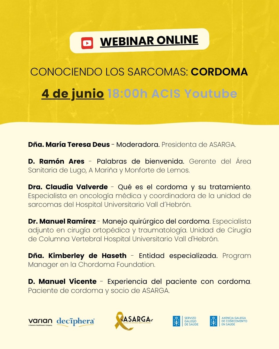 GEIS (@grupogeis) on Twitter photo Webinar sobre CORDOMA | 4 junio – 18h
📌 Organiza: ASARGA <a href="/asargasarcoma/">Asociación Sarcomas Grupo Asistencial 🎗</a>
📲 youtube.com/live/GeE8RyZS1… Webinar sobre CORDOMA | 4 junio – 18h
📌 Organiza: ASARGA <a href="/asargasarcoma/">Asociación Sarcomas Grupo Asistencial 🎗</a>
📲 youtube.com/live/GeE8RyZS1…