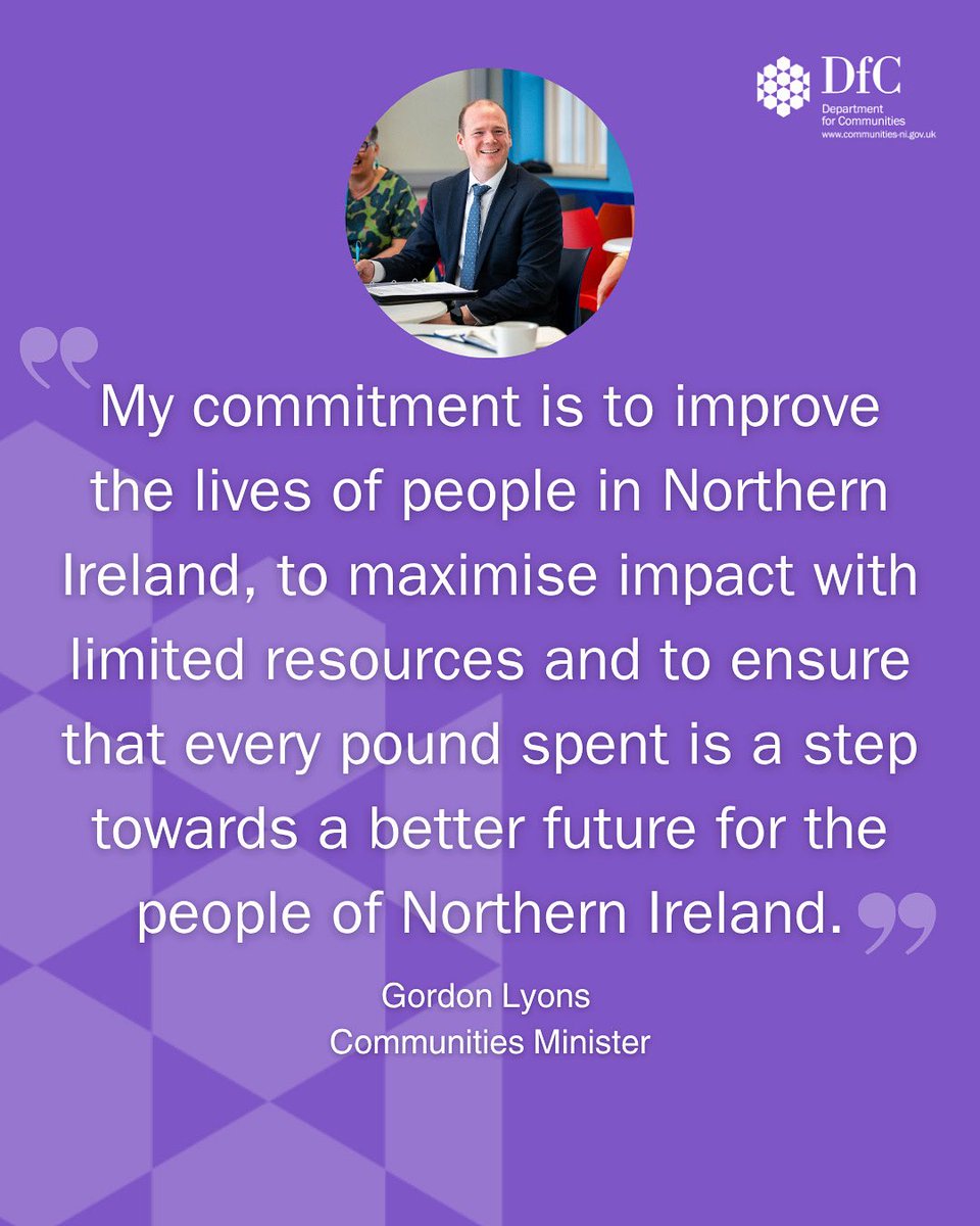 🗣️ "My commitment is to improve the lives of people in Northern Ireland..."

👇To find out more about Minister
@GordonLyons1’s initial 2025-26 Budget allocations, what they mean for you and to participate in our EQIA, follow the link below:

communities-ni.gov.uk/news/lyons-com…