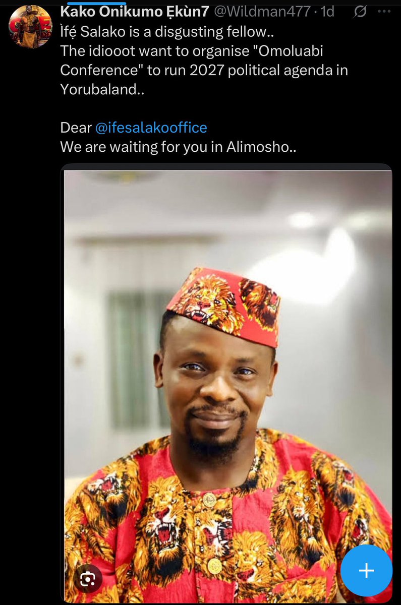 Mallam jabir (@mallam_jabeer) on Twitter photo I’m addressing this directly to these two e-diots and slaves <a href="/Gen_Buhar/">June12 Mandate</a> and <a href="/Wildman477/">Kako Onikumo Ẹkùn7</a>,
It’s good that you publicly displayed your criminality by threatening <a href="/ifesalakooffice/">Ife Salako</a> and I am certain that the <a href="/PoliceNG/">Nigeria Police Force</a> and <a href="/OfficialDSSNG/">Department of State Services (DSS)</a> have seen it.
But for your information, we’re I’m addressing this directly to these two e-diots and slaves <a href="/Gen_Buhar/">June12 Mandate</a> and <a href="/Wildman477/">Kako Onikumo Ẹkùn7</a>,
It’s good that you publicly displayed your criminality by threatening <a href="/ifesalakooffice/">Ife Salako</a> and I am certain that the <a href="/PoliceNG/">Nigeria Police Force</a> and <a href="/OfficialDSSNG/">Department of State Services (DSS)</a> have seen it.
But for your information, we’re