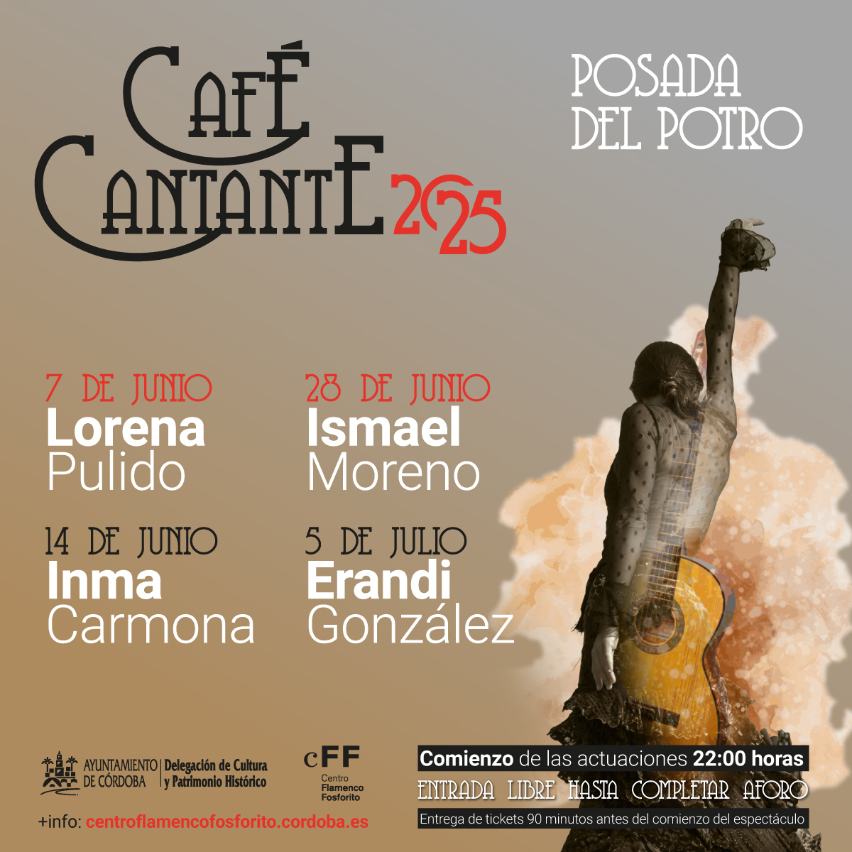 Este fin de semana arranca Café Cantante 🔥, una serie de cuatro espectáculos de baile flamenco 💃 que se celebrarán en La Posada del Potro. 

👏 ¡Unos artistas increíbles en un escenario inmejorable!

centroflamencofosforito.cordoba.es/cafe-cantante-…

Entrada libre hasta completar aforo.
